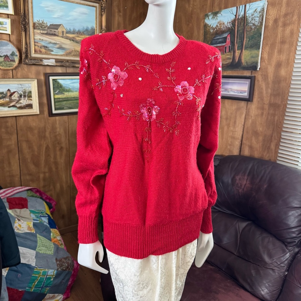 Gorgeous Vintage Red Floral Sequin Cottagecore Sweater